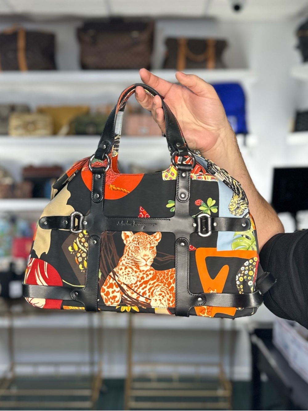 Salvatore Ferragamo Multicolor Leopard Print Satchel with Black Leather Trim